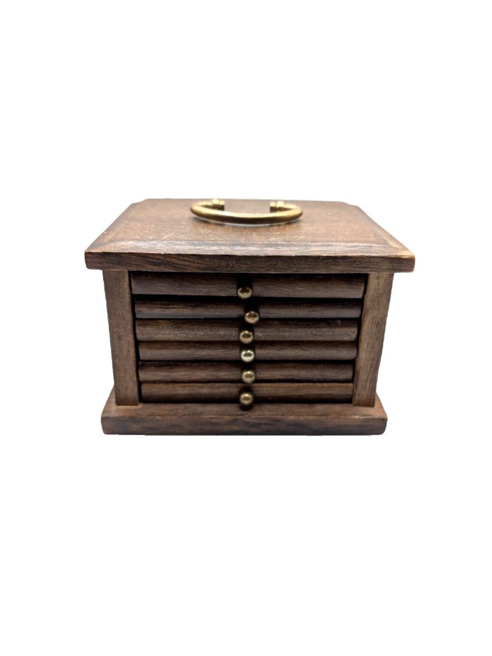 Vintage Set of 6 Wood and Cork Coasters in Storage Box Dark Brown/Brass *1 Crack